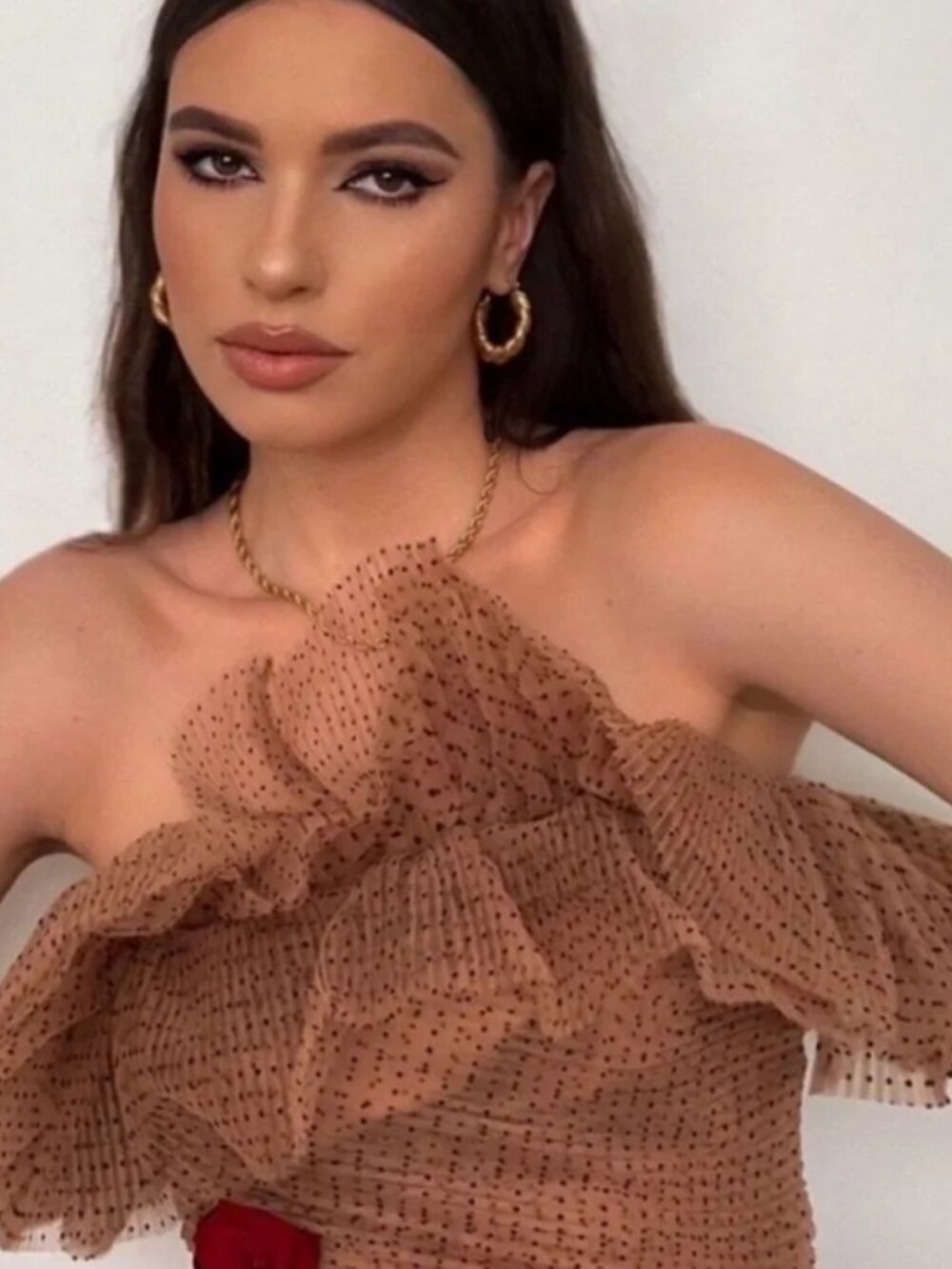 Zara Nude Mesh Tulle Black Polka Dot Ruffle Crop Tube Top Small Limited Edition - Picture 7 of 15